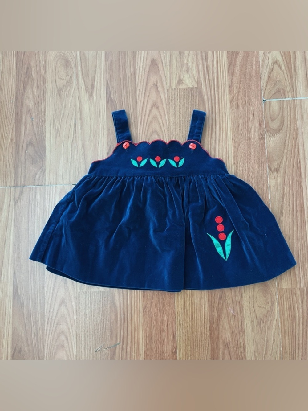 Vintage Velvet Navy Blue Floral Girl's Pinafore Dress Size 24 mos Coquette